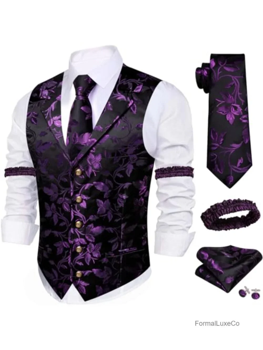 Mens Silk 5Pc Suit Vest Set w/ Tie Pocket Square Cufflinks
